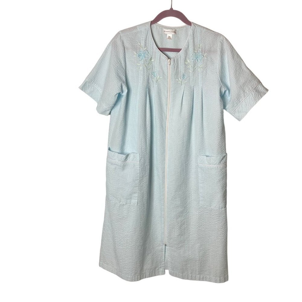 Vintage Style Seersucker Blue Housecoat Robe Pockets Sz S Embroidered Cottage